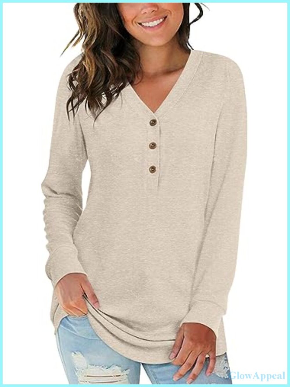 Womens Long Sleeve Tunic Top V-Neck Henley Button Blouse